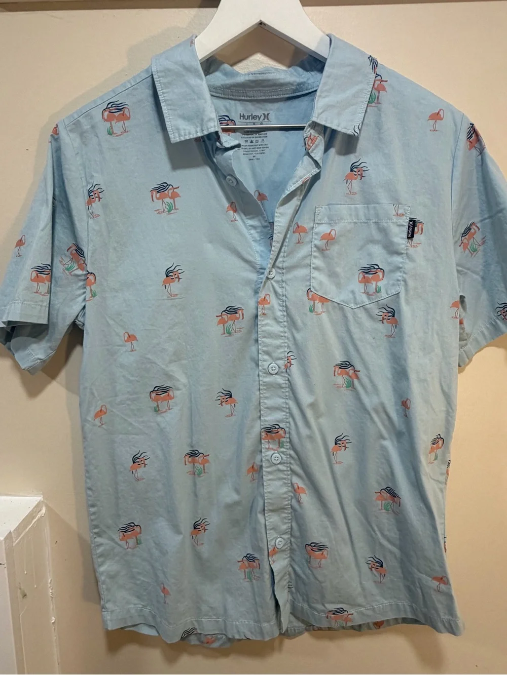 Hurley boys Light Blue Short Sleeve Button-Up Shirt with Orange Flamingo Print
